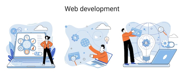 Vector web development metaphor coding and programming responsive layout internet site or app of devices creation digital software mobile desktop platforms computer code tablet phone digital business
