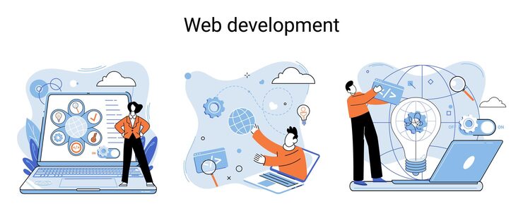 Vector web development metaphor coding and programming responsive layout internet site or app of devices creation digital software mobile desktop platforms computer code tablet phone digital business