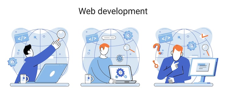 Vector web development metaphor coding and programming responsive layout internet site or app of devices creation digital software mobile desktop platforms computer code tablet phone digital business