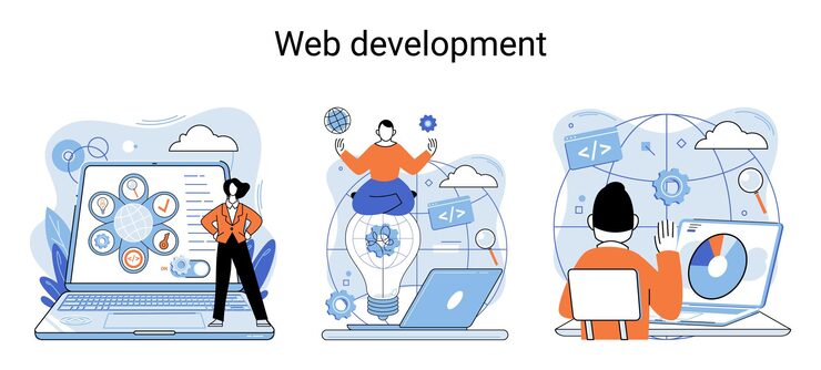Vector web development metaphor coding and programming responsive layout internet site or app of devices creation digital software mobile desktop platforms computer code tablet phone digital business