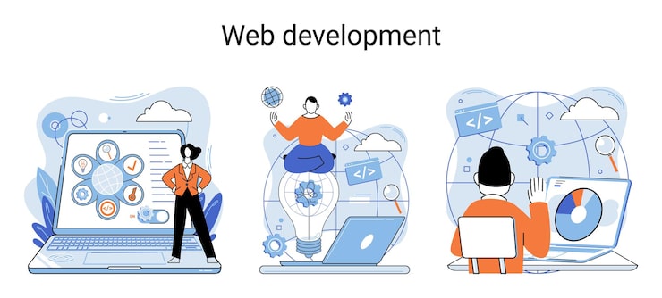 Vector web development metaphor coding and programming responsive layout internet site or app of devices creation digital software mobile desktop platforms computer code tablet phone digital business