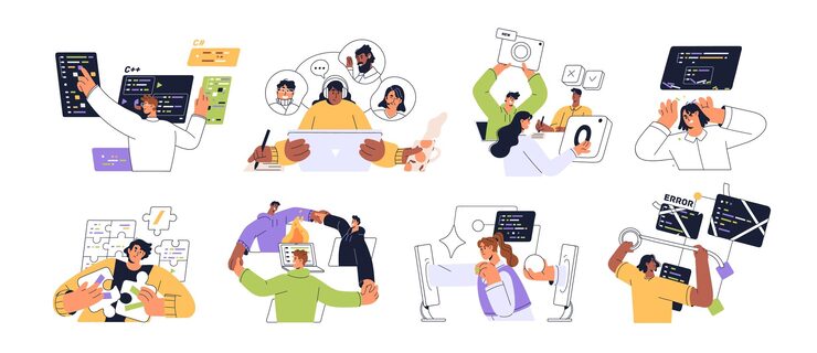 Vector web development processes concept set programmers work with bugs in code coders programming testing on computer team communicates online by video call flat isolated vector illustrations on white