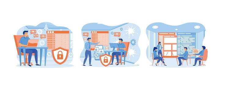 Vector web development programmer developing website coding developing programming and coding technologies set flat vector modern illustration