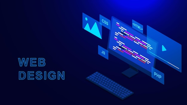 웹 개발 및 프로그래밍 개념과 컴퓨터 이소메트릭 UI UX 웹 사이트 디자인