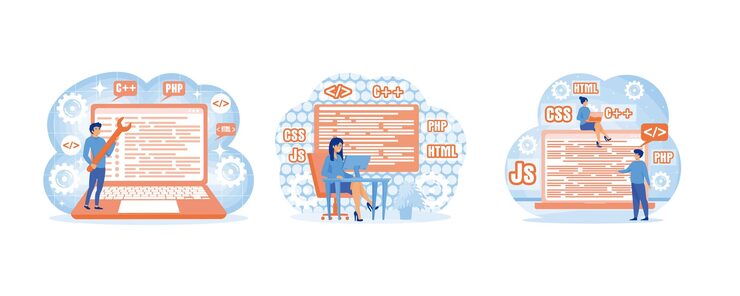 Vector web development programming and engineering development programmer or developer create code programming language set flat vector modern illustration
