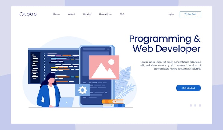 Vector web development programming languages css html it ui programmer cartoon character developing website coding flat illustration banner landing page template