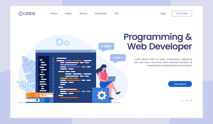 Vector web development programming languages css html it ui programmer cartoon character developing website coding flat illustration banner landing page template