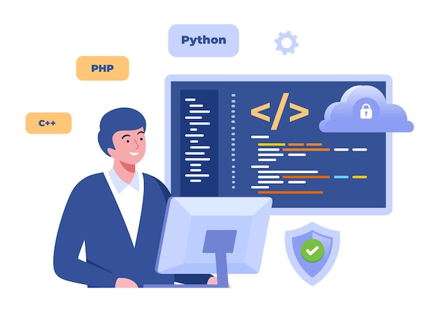 Linguaggi di programmazione di sviluppo web css html it ui programmatore personaggio di cartone animato sviluppo sito web codifica flat illustrazione banner per sito web