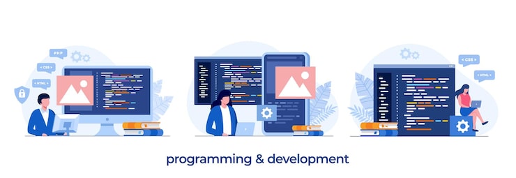 Vector 웹 개발. 프로그래밍 언어. css, html, it, ui. 프로그래머 만화 캐릭터 개발 웹사이트, 코딩. 평면 그림 배너