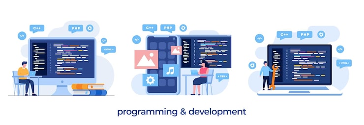 Vector 웹 개발. 프로그래밍 언어. css, html, it, ui. 프로그래머 만화 캐릭터 개발 웹사이트, 코딩. 평면 그림 배너