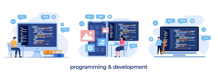 Vector web development. programming languages. css, html, it, ui. programmer cartoon character developing website, coding. flat illustration banner