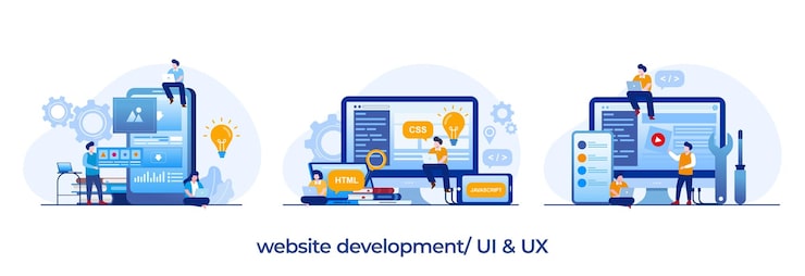 Vector web development programming languages css html it ui programmer cartoon character developing website coding flat illustration banner