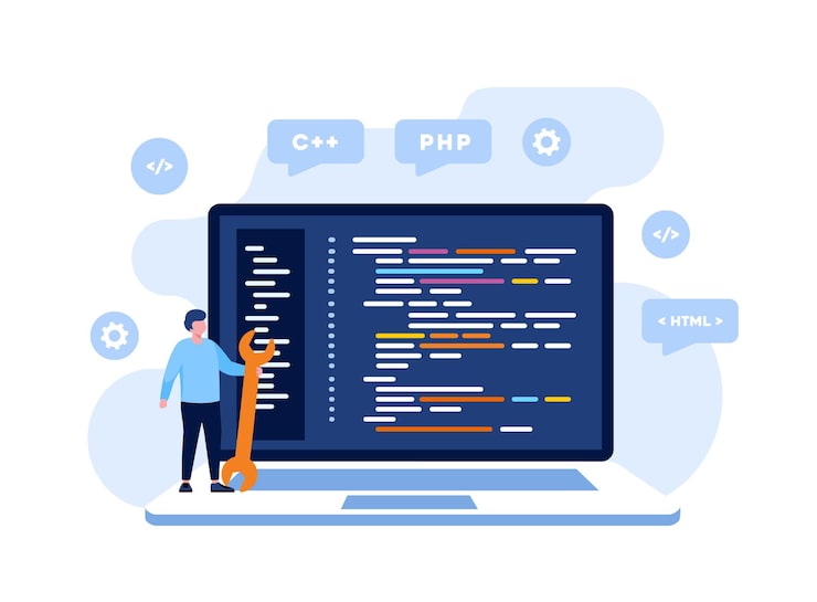 Vector web development programming languages css html it ui programmer cartoon character developing website coding flat illustration banner