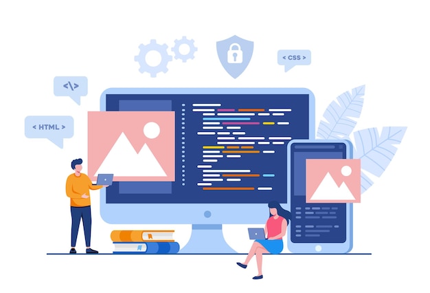 ウェブ開発。プログラミング言語。 css、html、it、ui。ウェブサイト、コーディングを開発するプログラマー漫画のキャラクター。フラットイラストバナー
