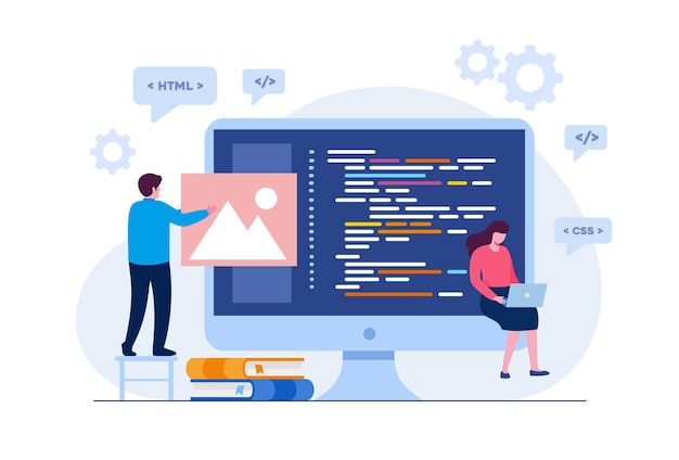 웹 개발. 프로그래밍 언어들. css, html, it, ui. 프로그래머 만화 캐릭터 개발 웹사이트, 코딩. 평면 그림 배너