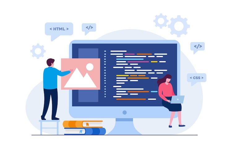 Vector web development. programming languages. css, html, it, ui. programmer cartoon character developing website, coding. flat illustration banner