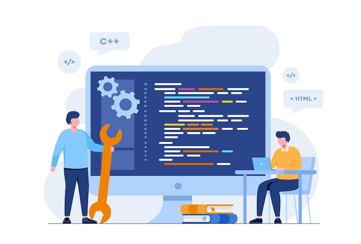 Vector web development. programming languages. css, html, it, ui. programmer cartoon character developing website, coding. flat illustration banner