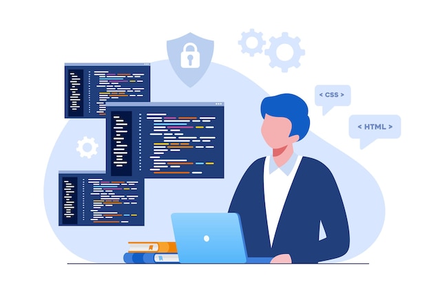 ベクトル ウェブ開発。プログラミング言語。 css、html、it、ui。ウェブサイト、コーディングを開発するプログラマー漫画のキャラクター。フラットイラストバナー