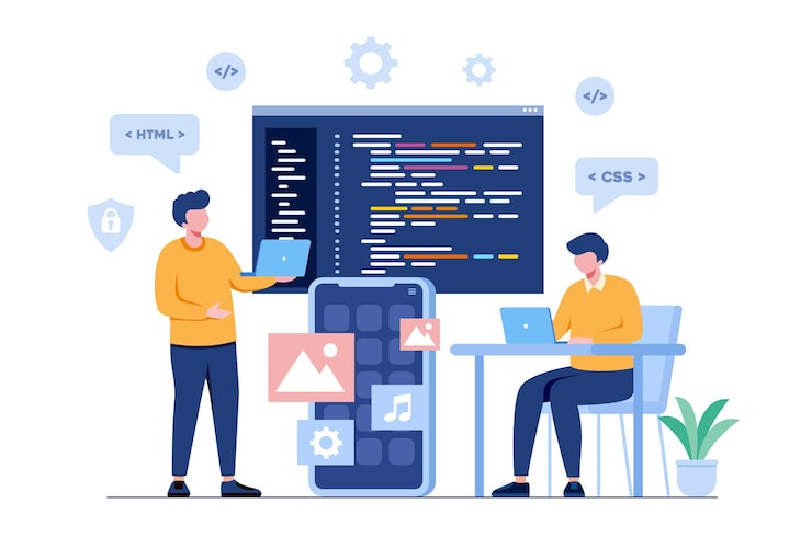 Vector 網頁開發.程式語言. css, html, it, ui.程序員卡通角色開發網站,編碼.平面插圖旗<unk>