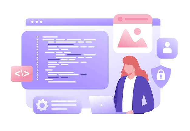 Vettore linguaggi di programmazione di sviluppo web css html it ui programmatore personaggio di cartone animato sviluppo di sito web codifica vettoriale piatto illustrazione banner per sito web