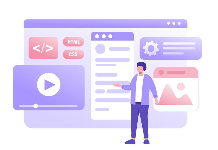 Vector web development programming languages css html it ui programmer cartoon character developing website coding flat vector illustration banner for website