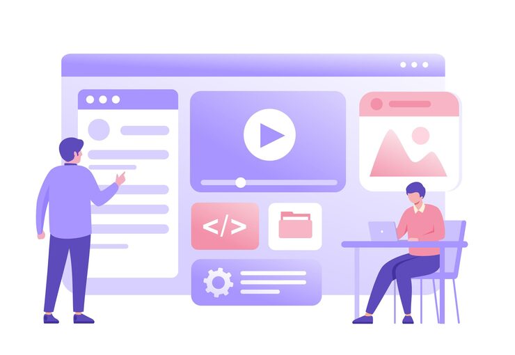 Vector web development programming languages css html it ui programmer cartoon character developing website coding flat vector illustration banner for website