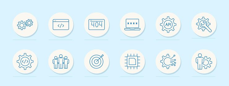 Vector 網站開發裝置圖標 gears 編碼 404 錯誤密碼 api 和目標 編程軟件技術概念