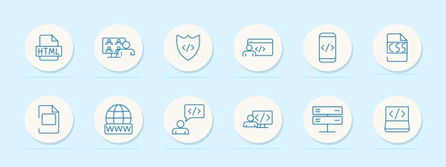 ウェブ開発セット アイコン HTML チーム シールド ユーザー モバイル コーディング CSS ドキュメント WWW スピーチ バブル コード プレゼンテーション コーディング プログラミング サイバーセキュリティ 教育 コンセプト