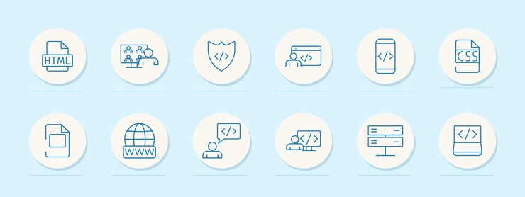 Vector web development set icon html team shield user mobile coding css document www speech bubble code presentation coding programming cybersecurity education concept