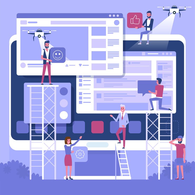 Vector web  and development. site under construction. a team of young professionals working on a landing page.   illustration, clip art. millennials at work. digital creative industry.