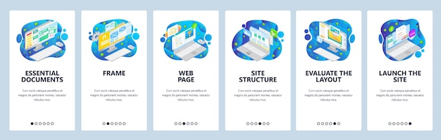 Web development site wireframe email and computer documents Mobile app onboarding screens Menu vector banner template for website and mobile development Web site design flat illustration