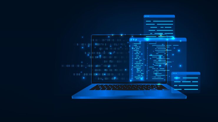Vector web development software programming concepts abstract programming code on laptop