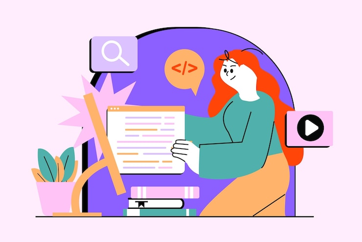 Vector web development waist high concept with people scene in the flat cartoon design