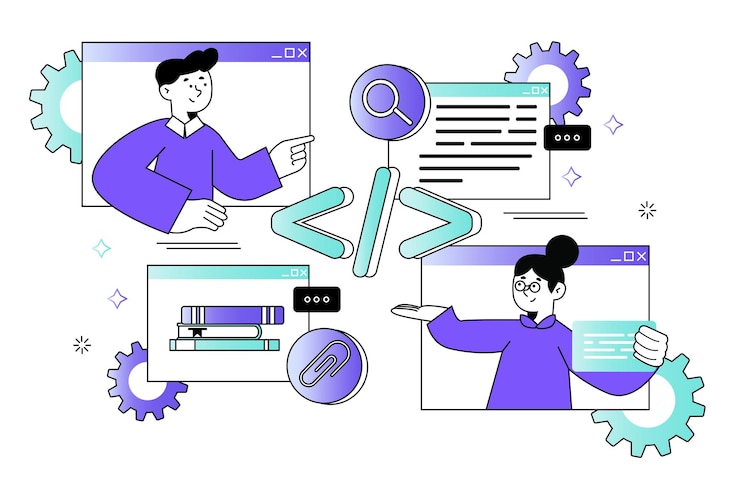 Vector web development waistheight concept with people scene in the flat cartoon design