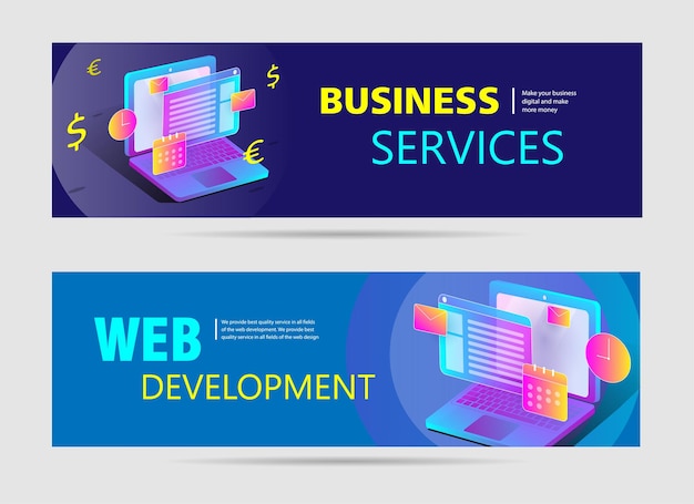 Vector web development web banners with text and bright illustration of the laptop and applications