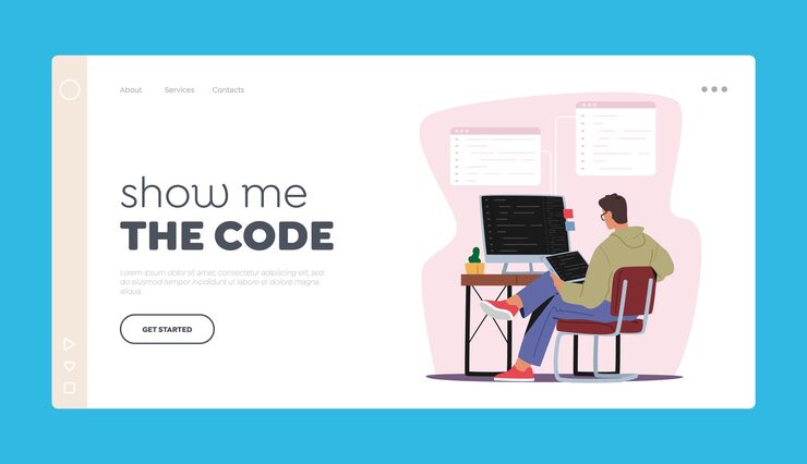 Vector web development, website programming landing page template. programmer male character working on computer and tablet coding, creating new website, software or application,cartoon vector illustration,