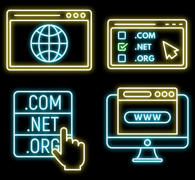 Web domein iconen set Outline set van web domein vector iconen neon kleur op zwart