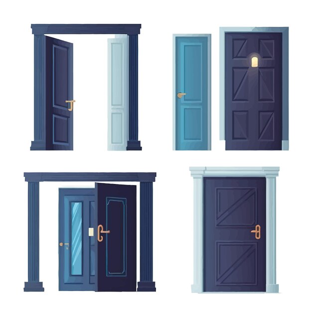 Vector web door opening and closing set stages sequence for animation isolated on background cartoon flat vector illustration