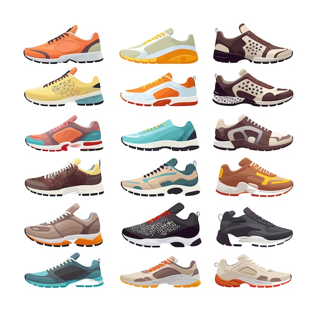 Web fashion sneakers collection isolated on background cartoon flat vector illustration