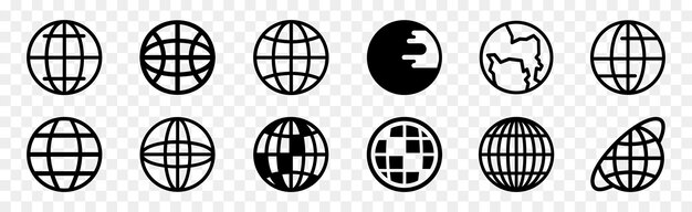 Вектор Иконки земного шара или планет в черном интернет-сетевые символы мировые веб-знаки или www иконки земного шара мировые иконки линий земного шара
