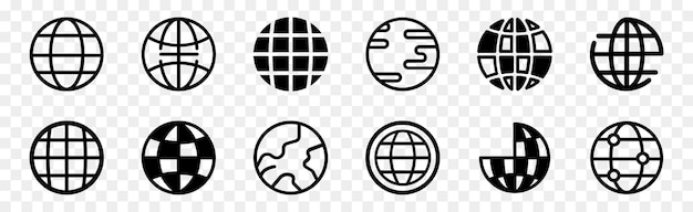 Vettore web globe o icone di pianeti in nero internet network symbols world web signs or www earth globe icons world globe line icons