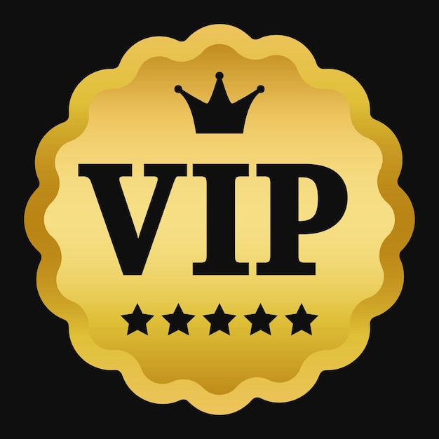 Web gold vip stamp sticker with stars and crown on dark grey background