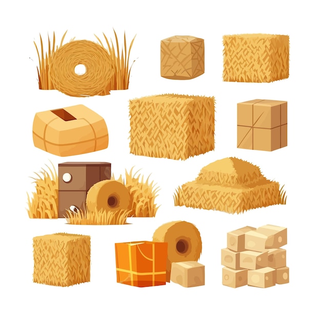 Web Hay bales piles heaps and stacks set Isolated on background Cartoon flat vector illustration