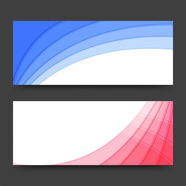 Web headers with blue and pink abstract design.