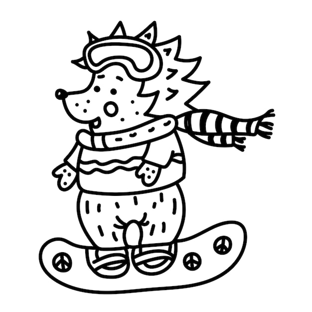 Web Hedgehog in bril op een snowboard in doodle-stijl. Wintersport tijdens vakanties. Lijn kunst