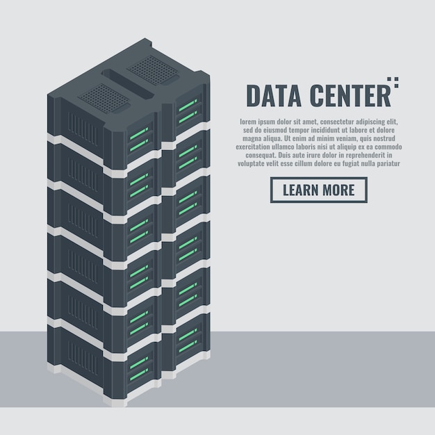 Web hosting banner in isometric style. server rack room