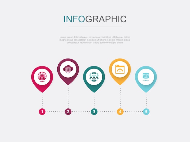 web hosting cloud hosting domain name bandwidth database icons infographic design layout design template creative presentation concept with 5 steps