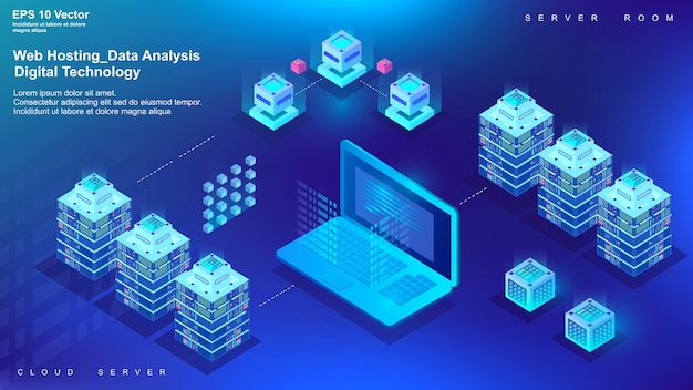 Web hosting data center e server di archiviazione dati sala file cloud tecnologia dati servizio di scambio illustrazione piatta servizio cloud