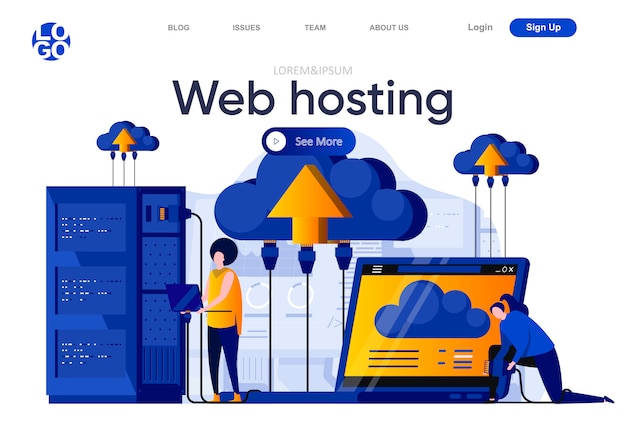 Vector web hosting flat landing page. it specialists managing server equipment illustration. data center computing technology, hosting and support service web page composition with people characters.