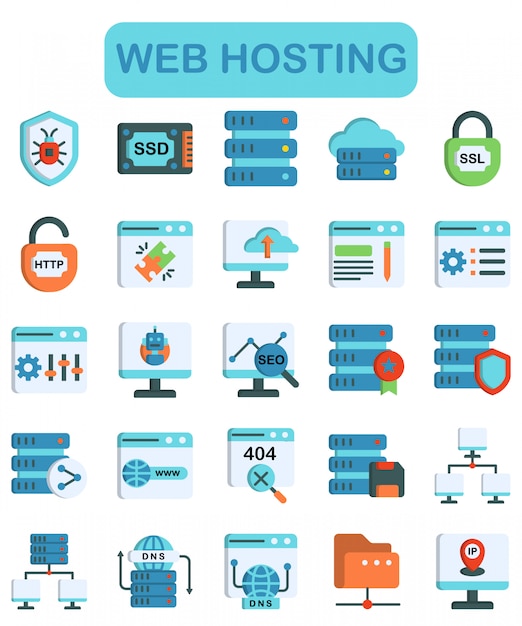 Set di icone di web hosting, stile colore lineare